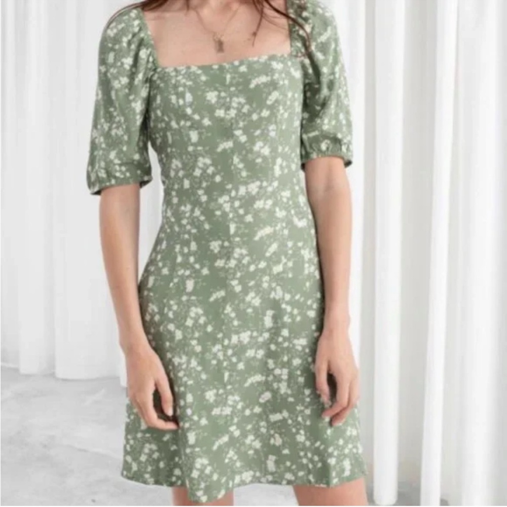 & Other Stories Puff Sleeve Green Floral Mini Dress Milkmaid Cottagecore Mini 6